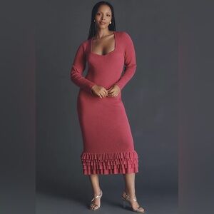 Brand New Anthropologie Women’s Pink Slim Ruffle Sweater Midi Dress, Size M, NWT